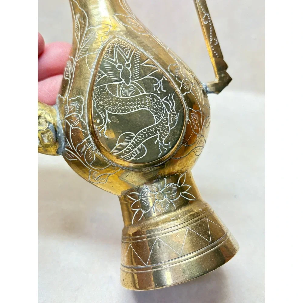 Vintage Etched Brass Ewer Pitcher Dragon Floral Design Decorative Accent FLAW 7" - Picture 3 of 12